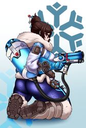  ass back beads boots brown_hair canister coat commentary_request female fur glass glasses gun hair_bun hair_ornament hair_stick highres kneeling meganemausu mei_(overwatch) overwatch overwatch_1 single_hair_bun solo thick_thighs thighs tube weapon 