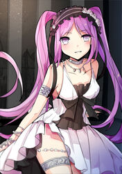  accessories armlet bad_id bare_shoulders beads black_ribbon blush bow bracelet choker commentary_request dress euryale_(fate) euryale_(third_ascension)_(fate) eyebrows fate/grand_order fate/hollow_ataraxia fate_(series) female flower frilled_dress frills hairband headdress jewelry lolita_hairband long_hair n87miro necklace purple_eyes purple_hair ribbon ribbon_trim solo thighlet twintails very_long_hair white_dress 