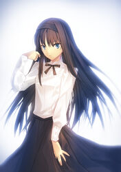  aikura_chihiro bloom blue_eyes bow brown_hair commentary_request female hairband highres long_hair long_skirt looking_at_viewer photoshop_(medium) skirt solo tohno_akiha tsukihime 