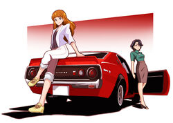  2girls amanogawa_stella black_eyes black_hair blazer blue_eyes breasts brown_hair car commentary earrings full_body glasses go!_princess_precure h26r high_heels jacket jewelry long_hair mature_female medium_breasts motor_vehicle multiple_girls necklace nissan nissan_skyline nissan_skyline_c110 nissan_skyline_gt-r no_legwear on_vehicle pencil_skirt precure short_hair skirt smile sports_car tachi_kyouko vehicle_focus 