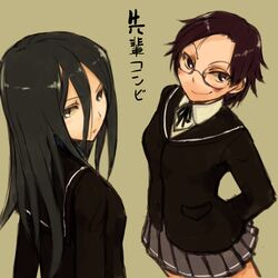  2girls amagami bad_id bad_pixiv_id black_jacket grey_skirt hiba_manaka ikura+ jacket kibito_high_school_uniform long_sleeves multiple_girls pleated_skirt school_uniform skirt translation_request yuzuki_ruriko 