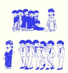  6+boys absurdres age_comparison bad_id bad_twitter_id black_hair brothers female formal hands_in_pockets heart heart-shaped_pupils highres japanese_clothes kimono lolicon male_harem matsuno_choromatsu matsuno_ichimatsu matsuno_jyushimatsu matsuno_karamatsu matsuno_osomatsu matsuno_todomatsu monochrome multiple_boys osomatsu-kun osomatsu-san osomatsu_(series) risao sextuplets siblings simple_background straight suit symbol-shaped_pupils white_background wide_sleeves yowai_totoko 