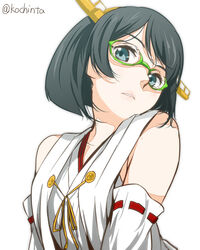  bare_shoulders commentary_request detached_sleeves female glasses green-framed_eyewear green_eyes green_hair hairband kantai_collection kirishima_(kancolle) looking_at_viewer nontraditional_miko pre3445 short_hair solo twitter_username upper_body 