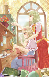  2girls alice_margatroid ascot blonde_hair blue_eyes blush capelet chair commentary_request cup doll globe green_hair hairband k-nashi kazami_yuuka long_skirt multiple_girls needle plaid plaid_skirt plaid_vest profile red_eyes saucer sewing short_hair sideways_mouth sitting skirt skirt_set teacup thread touhou vest window 