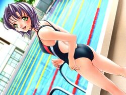  ass competition_swimsuit game_cg joy_ride libido looking_back one-piece_swimsuit outdoor pool purple_hairsokkou_hikaku_jirai_circle short_hair swimsuit 