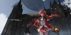  2girls aircraft animal artist_name bad_id bad_pixiv_id bird blurry bow building capelet cloud depth_of_field dungeon_and_fighter elementalist_(dungeon_and_fighter) english_text floating_hair frills from_below hair_ornament hairband holding holding_staff long_hair low_twintails mage_(dungeon_and_fighter) multiple_girls outdoors photoshop_(medium) pleated_skirt pointy_ears red_bow red_eyes red_hair red_ribbon ribbon skirt sky solo_focus staff swd3e2 twintails wide_sleeves wind 