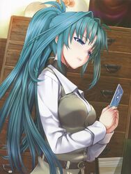  bad_link blue_eyes card durandal_(nanoha) female green_hair highres holding holding_card indoors lindy_harlaown long_hair lyrical_nanoha mahou_shoujo_lyrical_nanoha mahou_shoujo_lyrical_nanoha_a&#039;s mahou_shoujo_lyrical_nanoha_the_movie_2nd_a&#039;s mikazuki_akira! ponytail solo weiss_schwarz 