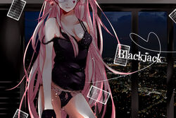  bad_id bad_pixiv_id blackjack_(vocaloid) breasts cleavage commentary_request facial_mark female flower hair_flower hair_ornament hatsuko head_out_of_frame highres lingerie long_hair medium_breasts megurine_luka off_shoulder panties photoshop_(medium) pink_hair solo song_name strap_slip underwear very_long_hair vocaloid 