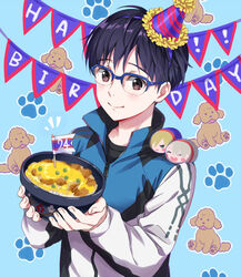  1boy bad_id bad_pixiv_id black_hair black_shirt blue-framed_eyewear blush bowl brown_eyes canine character_doll closed_mouth commentary_request floral_print food glasses hands_up happy_birthday hat higeneko holding holding_bowl holding_food jacket katsudon_(food) katsuki_yuuri male_focus mochimochi_mascot over-rim_eyewear party_hat paw_print pennant revision semi-rimless_eyewear shirt smile solo track_jacket upper_body viktor_nikiforov wavy_mouth yuri!!!_on_ice yuri_plisetsky 