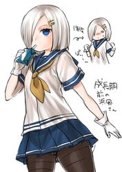  ass_visible_through_thighs black_pantyhose blank_eyes blue_eyes blue_skirt blush chibi commentary_request cowboy_shot drinking drinking_straw female gloves grey_hair hair_ornament hair_over_one_eye hairclip hamakaze_(kancolle) juice_box kantai_collection kutouten milk mouth_hold multiple_views neckerchief pantyhose pleated_skirt school_uniform serafuku short_hair short_sleeves simple_background skirt solo_focus thighband_pantyhose translation_request white_background white_gloves white_hair yellow_neckerchief 