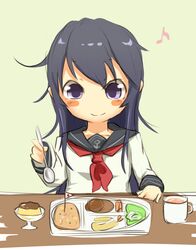  akatsuki_(kancolle) anchor_symbol bad_id bad_pixiv_id blush_stickers cup eighth_note female flag food ito_(itokayu) kantai_collection long_hair musical_note neckerchief no_headwear okosama_lunch pudding purple_eyes purple_hair red_neckerchief school_uniform serafuku shrimp shrimp_tempura smile solo spoon tempura tray 