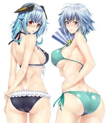  2girls ahoge armpits ass back bare_arms bare_shoulders bikini black_bikini blue_hair blush breasts butt_crack closed_mouth commentary_request covered_nipples cowboy_shot dimples_of_venus folding_fan frilled_bikini frills from_behind good_ass_day green_bikini grey_hair halterneck hand_fan hand_on_own_hip headgear holding holding_fan infinite_stratos large_breasts looking_at_viewer looking_back medium_breasts multicolored_hair multiple_girls parted_lips perky_breasts red_eyes sarashiki_kanzashi sarashiki_tatenashi short_hair siblings side-tie_bikini_bottom sideboob sisters smile strap_gap swimsuit two-tone_hair underboob zucchini 