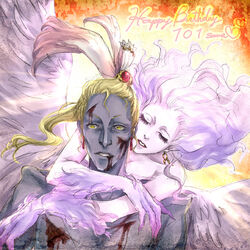  1boy ai_(ai1470) ailove310 blonde_hair blood cefca_palazzo claws closed_eyes couple earrings feathers feathers female female final_fantasy final_fantasy_vi hug jewelry long_hair male ponytail purple_hair purple_skin trance_tina_branford wings yellow_eyes 