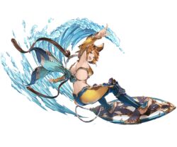  animal_ears armpits ass blue_eyes breasts brown_hair cailana erune female full_body gold_trim granblue_fantasy green_eyes hairband looking_at_viewer looking_back minaba_hideo official_art open_mouth pointing skin_tight smile solo star_(symbol) surfboard surfboard_leash surfing swept_bangs transparent_background water waves 