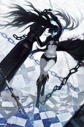  arm_cannon bikini bikini_top_only black_hair black_rock_shooter black_rock_shooter_(character) black_shorts blue_eyes boots chains coat commentary_request female fenrir_(buzhidaoshishuei) flaming_eye highres long_hair midriff navel no_shirt pale_skin photoshop_(medium) scar shorts solo swimsuit twintails very_long_hair weapon 