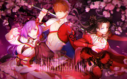  1boy 2girls :d abs arkray armor black_hair blue_eyes blurry bracelet cherry_blossoms command_spell commentary copyright_name depth_of_field dress earrings emiya_shirou eyelashes fate/grand_order fate/stay_night fate_(series) frills hair_ornament hair_ribbon holding holding_sword holding_weapon hood hood_down igote japanese_clothes jewelry long_hair long_sleeves looking_at_viewer magic_circuit matou_sakura matou_sakura_(imaginary_around) multiple_girls nail_polish navel obi open_mouth orange_hair outstretched_hand over_shoulder parted_bangs petals polka_dot polka_dot_legwear puffy_sleeves purple_eyes purple_hair red_dress red_eyes red_legwear red_ribbon ribbon ribbon_trim ring sash senji_muramasa_(fate) shade short_hair smile standing standing_on_one_leg star_(symbol) sword sword_over_shoulder teeth thighhighs tohsaka_rin tohsaka_rin_(formalcraft) two_side_up weapon weapon_over_shoulder white_ribbon yellow_eyes zettai_ryouiki 