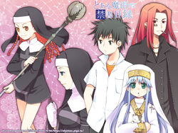  2boys 3girls a_certain_high_school_uniform agnese_sanctis animal barcode barcode_tattoo blue_eyes cigarette commentary_request cross facial_tattoo feline grey_hair habit hat holding holding_animal holding_cat holding_cross holding_staff index_(toaru_majutsu_no_index) kamijou_touma kurarin lotus_wand multiple_boys multiple_girls nun orsola_aquinas priest red_hair robe school_uniform short_hair skirt sphinx_(toaru_majutsu_no_index) staff stiyl_magnus summer_uniform tattoo toaru_majutsu_no_index wand 