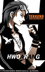  1boy 2005 character_name copyright_name earrings fingerless_gloves gloves goggles goggles_on_head hwoarang_(tekken) jewelry jonathan_kim male_focus monochrome navel photoshop_(medium) solo tekken tekken_5 