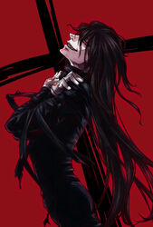  1boy alucard_(hellsing) black_hair commentary_request gloves hellsing highres kabane_(follabi) long_hair male_focus photoshop_(medium) red_eyes sharp_teeth smile solo teeth 