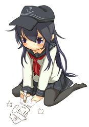  akatsuki_(kancolle) anchor_symbol bad_id bad_pixiv_id child&#039;s_drawing drawing female flat_cap hair_between_eyes hat ito_(itokayu) kantai_collection long_hair neckerchief pantyhose purple_eyes purple_hair red_neckerchief school_uniform serafuku sitting skirt smile solo wariza white_background 