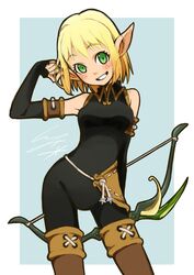  arm_behind_back arm_up armpits blonde_hair blush bodysuit boots bow_(weapon) breasts commentary_request cra_(wakfu) elbow_gloves evangelyne_(wakfu) female fingerless_gloves freckles gloves green_eyes grin groin io_naomichi medium_breasts pointy_ears short_hair smile solo thigh_boots thighhighs wakfu weapon 