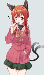  alternate_costume animal_ears blue_background bow braid candy cat_ears cat_tail coat commentary_request eighth_note extra_ears female food hair_ornament hairbow hand_in_pocket kaenbyou_rin lollipop long_hair long_sleeves multiple_tails musical_note red_eyes red_hair shirokuma_(nankyoku) simple_background skirt smile solo tail touhou turtleneck twin_braids vest 