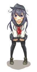  akatsuki_(kancolle) anchor_symbol anger_vein bad_id bad_pixiv_id commentary_request female flat_cap hat ito_(itokayu) kantai_collection leaning_forward long_hair looking_at_viewer neckerchief open_mouth pantyhose purple_eyes purple_hair red_neckerchief school_uniform serafuku skirt solo white_background 