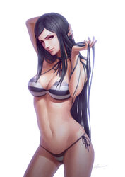  adapted_costume adjusting_hair arm_behind_head bad_id bad_pixiv_id bikini black_eyes black_hair breasts cleavage cowboy_shot female highres kurihara_mari_(prison_school) lips long_hair looking_at_viewer medium_breasts photoshop_(medium) prison_school side-tie_bikini_bottom signature solo striped_bikini striped_clothes swimsuit very_long_hair zhoujialin 