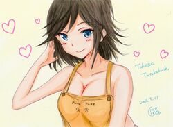  apron bare_shoulders blush breasts brown_hair character_name cleavage commentary dated female hand_in_own_hair heart hentai_ouji_to_warawanai_neko. marker_(medium) medium_breasts naked_apron potekite short_hair signature simple_background smile solo traditional_media tsutsukakushi_tsukasa upper_body 