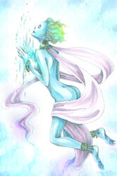  ai_(ai1470) ailove310 anklet ass barefoot blue_skin bracelet breasts choker closed_eyes earrings feet female final_fantasy final_fantasy_vi flat_chest full_body gradient gradient_background green_hair ice jewelry nude pointy_ears shiva_(final_fantasy) short_hair sideboob small_breasts solo 