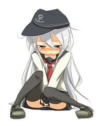  anchor_symbol bad_id bad_pixiv_id blush commentary covering_crotch covering_privates female flat_cap hat hibiki_(kancolle) ito_(itokayu) kantai_collection long_hair looking_at_viewer narrowed_eyes panties pantyshot purple_eyes school_uniform serafuku sitting skirt skirt_tug solo thighhighs underwear upskirt white_hair white_panties 