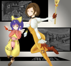  2girls bell boots bracelet brown_eyes brown_hair catsuit choker eiko_carol female final_fantasy final_fantasy_ix flute garnet_til_alexandros_xvii girl gloves horn instrument jewelry lolicon multiple_girls pendant plumsyrup purple_hair ribbon short_hair staff wings yellow_eyes yellow_ribbon 