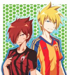  2boys ac_milan alfonso_san_valiante bad_id bad_pixiv_id blonde_hair blue_eyes cousins garo:honoo_no_kokuin garo_(series) hair_over_one_eye leon_luis multiple_boys red_eyes red_hair saishou_shoukayou serie_a shirt soccer_uniform spain sportswear 