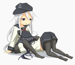  2girls akatsuki_(kancolle) all_fours anchor_symbol bad_id bad_pixiv_id commentary face_down flat_cap hat hibiki_(kancolle) hug ito_(itokayu) kantai_collection long_hair multiple_girls pantyhose purple_eyes purple_hair school_uniform serafuku sitting skirt white_hair 