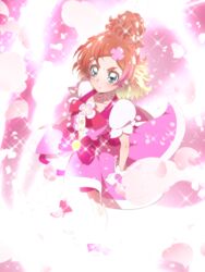  blonde_hair blue_eyes bow brown_hair choker commentary_request cosplay cure_flora cure_flora_(cosplay) earrings female full_body gloves go!_princess_precure gradient_hair hair_ornament hairclip haruno_haruka henshin jewelry magical_girl multicolored_hair petals pink_background pink_bow pink_hair pink_skirt precure self_cosplay serious short_hair skirt solo sparkle standing thick_eyebrows tj-type1 transformation waist_bow white_gloves 