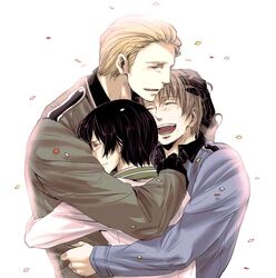  ahoge axis_powers_hetalia black_hair blonde_hair blue_eyes brown_hair crying curl friends friendship germany_(hetalia) gloves hug japan_(hetalia) northern_italy_(hetalia) short_hair tears the_axis trio uniform 