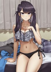  1girls alternate_hairstyle asian bare_shoulders bikini black_bikini black_eyes black_hair breasts c.x.c collarbone curtains cute frilled_bikini frills hand_on_own_chest highres innocent komi-san_wa_komyushou_desu komi_shouko long_hair looking_at_viewer low_twintails mismatched_bikini navel on_bed petite plaid_bikini_top seductive_look shy side-tie_bikini_bottom sitting solo solo_female swimsuit twintails 