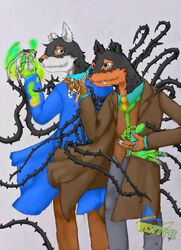  absurd_res anthro black_body black_fur blue_eyes bottomwear bracelet brown_body brown_fur canid canine claws clothed clothing coat duo eye_contact family fangs father_(lore) father_and_child_(lore) father_and_son_(lore) fur heterochromia hi_res jewelry looking_at_another magic magic_user male mammal multicolored_body multicolored_fur mythological_canine mythological_creature mythology necktie notched_ear orange_body orange_fur pants parent_(lore) parent_and_child_(lore) parent_and_son_(lore) pink_eyes plant shirt simple_background smile son_(lore) stick teeth thorns topwear vampire vest vines warren_crawford were werecanid werecanine werewolf white_body white_fur wispypie 