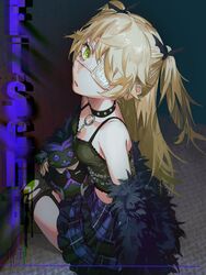  alternate_costume bare_shoulders black_choker black_ribbon black_tank_top blonde_hair breasts character_name choker eyepatch female fischl_(genshin_impact) genshin_impact green_eyes hair_ribbon highres long_hair looking_at_viewer medical_eyepatch medium_breasts mizuku_hei off_shoulder oz_(genshin_impact) parted_lips plaid plaid_skirt ribbon sitting skirt solo studded_choker stuffed_animal stuffed_bird stuffed_toy tank_top two_side_up 