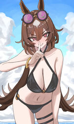  :&gt; absurdres ahiru3desuyo alternate_costume animal_ears bikini black_bikini blue_sky blush breasts brown_hair cleavage closed_mouth cloud cloudy_sky commentary_request cowboy_shot ear_ornament embarrassed eyewear_on_head female finger_to_mouth gold_bracelet hair_between_eyes highres horse_ears horse_girl horse_tail large_breasts long_hair looking_at_viewer multicolored_hair navel ocean outdoors red_eyes round_eyewear sirius_symboli_(umamusume) sky solo streaked_hair sunglasses swimsuit tail thigh_strap umamusume v-shaped_eyebrows very_long_hair water white_hair 