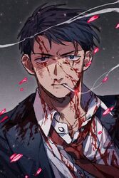  1boy bags_under_eyes black_hair black_jacket blood blood_on_chest blood_on_clothes blood_on_face blue_eyes cigarette collarbone collared_shirt gegege_no_kitarou grey_background highres jacket kitarou_tanjou:_gegege_no_nazo looking_at_viewer male_focus mizuki_(gegege_no_kitarou) mouth_hold necktie nive_(dn) petals red_necktie scar scar_across_eye shirt short_hair smoke smoking solo upper_body white_shirt 