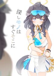  animal_ears bare_shoulders black_hair blue_archive blurry blurry_foreground blush breasts cleavage closed_mouth cowboy_shot crop_top dog_ears dog_girl dressing eyewear_on_head female grey_eyes halo hariyaa hibiki_(blue_archive) hibiki_(cheer_squad)_(blue_archive) highres looking_at_viewer medium_hair midriff mouth_hold navel official_alternate_costume pom_pom_(cheerleading) ponytail reflection small_breasts solo standing sticker sunglasses translation_request wristband yellow_halo 