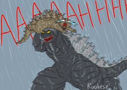  bad_parenting bodily_fluids crying dinosaur duo english_text extinct feral godzilla godzilla_(series) hi_res holding_another kaiju male muscular open_mouth prehistoric_species raining reptile running ruubeszdraws scales scalie screaming simple_background size_difference spikes spikes_(anatomy) spines tears text toho wet 