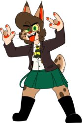  2018 4_fingers alpha_channel anthro biped black_boots black_clothing black_eyebrows black_footwear black_jacket black_mouth black_pupils black_topwear black_whiskers boots bottomwear breasts brown_hair brown_markings brown_spots button_(fastener) cheek_tuft chokovit_(artist) clothed clothed_anthro clothed_female clothing colored countershade_face countershade_fur countershade_hands countershade_neck countershade_tail countershading devil_horns_(gesture) digital_drawing_(artwork) digital_media_(artwork) dipstick_ears dress_shirt ears_up eyebrow_through_hair eyebrows facial_tuft fangs feet felid feline female female_anthro fingers footwear front_view full-length_portrait fur fur_tuft gesture glistening glistening_eyes green_bottomwear green_clothing green_eyes green_skirt hair hair_over_eye hi_res jacket leather leather_clothing leather_jacket leather_topwear leg_markings looking_at_viewer lucy_wattson lynx mammal markings multicolored_ears necktie one_eye_obstructed open_mouth pattern_necktie pawpads pleated_skirt portrait prick_ears pupils red_inner_ear red_nose red_pawpads red_tongue school_uniform scut_tail shirt short_tail simple_background skirt solo spots spotted_body spotted_cheeks spotted_fur spotted_markings spotted_tail standing striped_necktie tail tail_markings tan_body tan_tuft teenager teeth toes tongue tongue_out topwear translucent translucent_hair transparent_background tuft uniform white_clothing white_dress_shirt white_shirt white_topwear yellow_necktie yellow_sclera young 