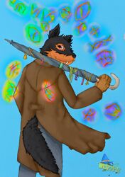  absurd_res anthro black_body black_fur bottomwear brown_body brown_fur canid canine clothed clothing coat fangs fur hi_res looking_at_viewer looking_back magic magic_user male mammal multicolored_body multicolored_fur mythological_canine mythological_creature mythology notched_ear orange_body orange_fur pants pink_eyes rear_view simple_background smile solo tail teeth topwear umbrella unusual_weapon vampire warren_crawford weapon were werecanid werecanine werewolf wispypie 