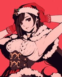  armpits backless_outfit breasts brown_hair capelet christmas corset dress earrings female final_fantasy final_fantasy_vii final_fantasy_vii_ever_crisis fur-trimmed_capelet fur-trimmed_skirt fur_trim gloves hair_ornament hand_on_own_head hat holly_hat_ornament jewelry large_breasts light_blush long_hair looking_at_viewer low-tied_long_hair moshimoshibe official_alternate_costume parted_lips pom_pom_(clothes) pom_pom_hair_ornament red_eyes red_gloves santa_hat single_earring skirt sleeveless sleeveless_turtleneck solo sweater teardrop_earrings tifa_lockhart tifa_lockhart_(fairy_of_the_holy_flame) turtleneck turtleneck_sweater white_sweater 