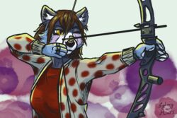  ailurid anthro archery arrow_(weapon) bow_(weapon) clothed clothing female fully_clothed half_body hi_res mammal ranged_weapon red_clothing red_panda red_shirt red_topwear shirt solo sydney_onmars topwear weapon yellow_eyes 