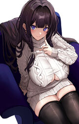  black_hair black_thighhighs blue_eyes blush braid breasts cleavage_cutout clothing_cutout dress female hair_intakes highres large_breasts long_hair long_sleeves looking_at_viewer original side_braid sitting smile solo sweater sweater_dress thighhighs thighs turtleneck turtleneck_sweater untue white_sweater 