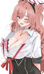  ;d black_choker black_horns black_skirt blue_archive blush bra breasts choker cleavage collared_shirt commentary_request double_bun fake_horns female fingernails hair_between_eyes hair_bun heavy_breathing highres horns jewelry kirara_(blue_archive) large_breasts long_hair looking_at_viewer nail_polish necklace oerba_yun_fang one_eye_closed pink_bra red_eyes red_hair red_nails red_ribbon ribbon see-through see-through_shirt shirt short_sleeves simple_background skin_fang skirt smile solo sweat tsumayouji_(tumayog) underwear white_background white_shirt 