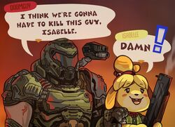  1boy :d ami-dark animal_crossing animal_ears armor assault_visor bell blonde_hair blush_stickers character_name commentary crossover dog_ears dog_girl dog_nose doom_(series) doom_eternal doomguy eager english_commentary english_text female furry furry_female gradient_background green_armor green_shirt grey_visor gun hair_bell hair_ornament hair_tie hand_on_another&#039;s_shoulder holding holding_gun holding_weapon i_think_we&#039;re_gonna_have_to_kill_this_guy_steven_(meme) isabelle_(animal_crossing) meme neck_ribbon open_mouth orange_background praetor_suit red_ribbon ribbon shirt short_hair shotgun shoulder_cannon simple_background smile smoke smoking_barrel topknot upper_body veins weapon yellow_fur 